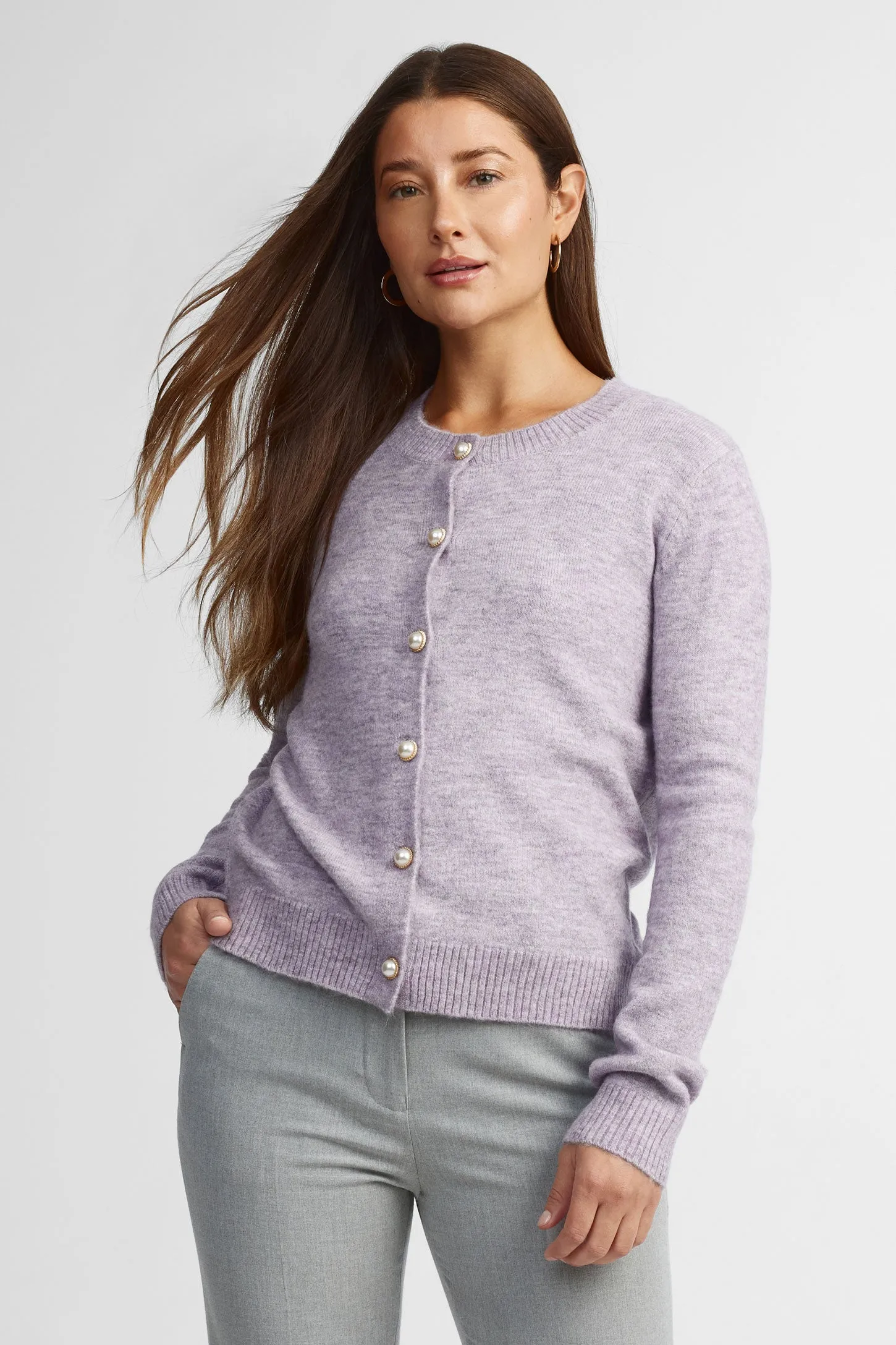 Cardigan tricot col rond boutons perles - Femme