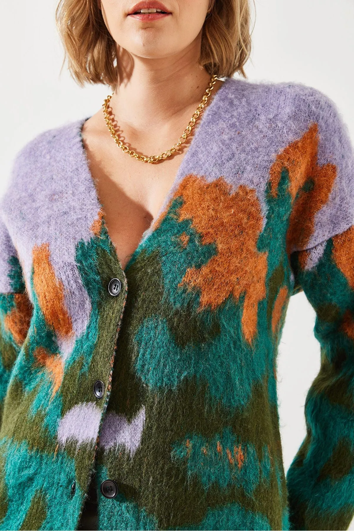 Cardigan with a female colored patterned