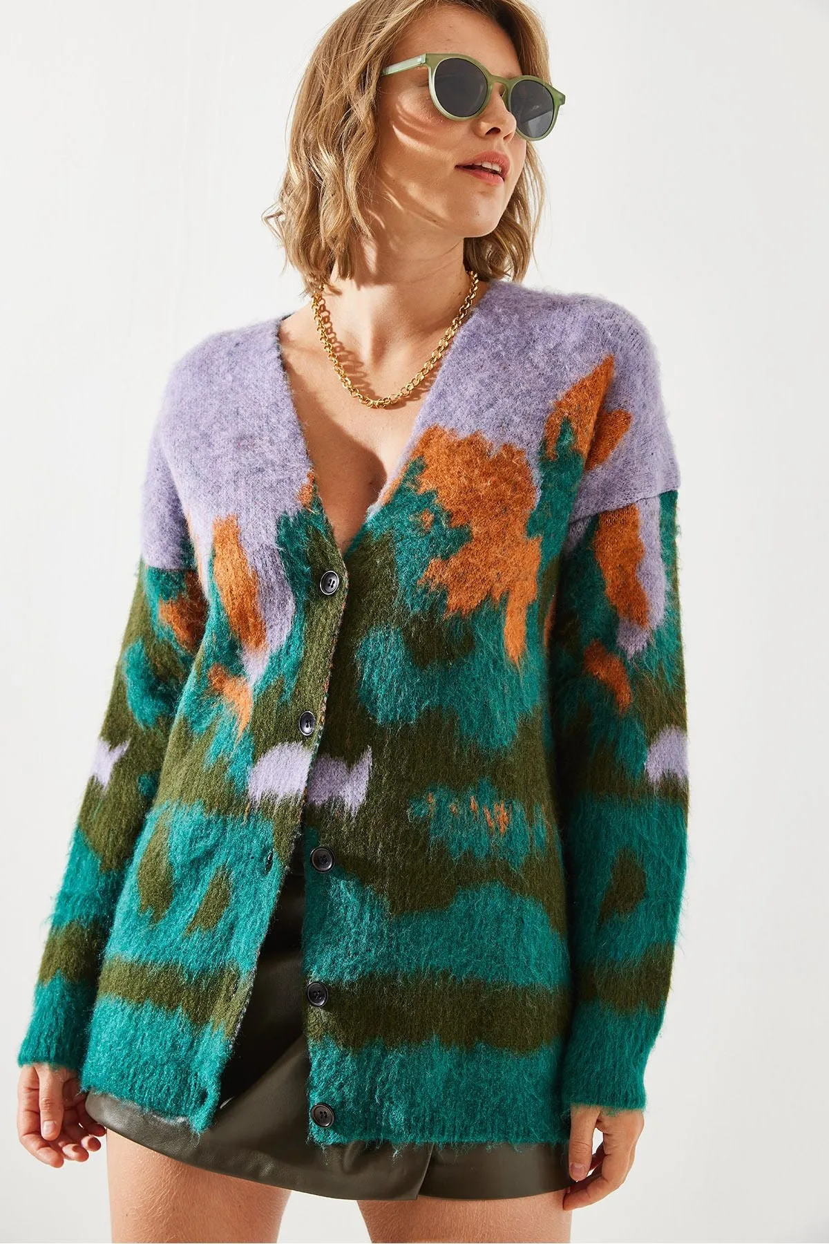Cardigan with a female colored patterned