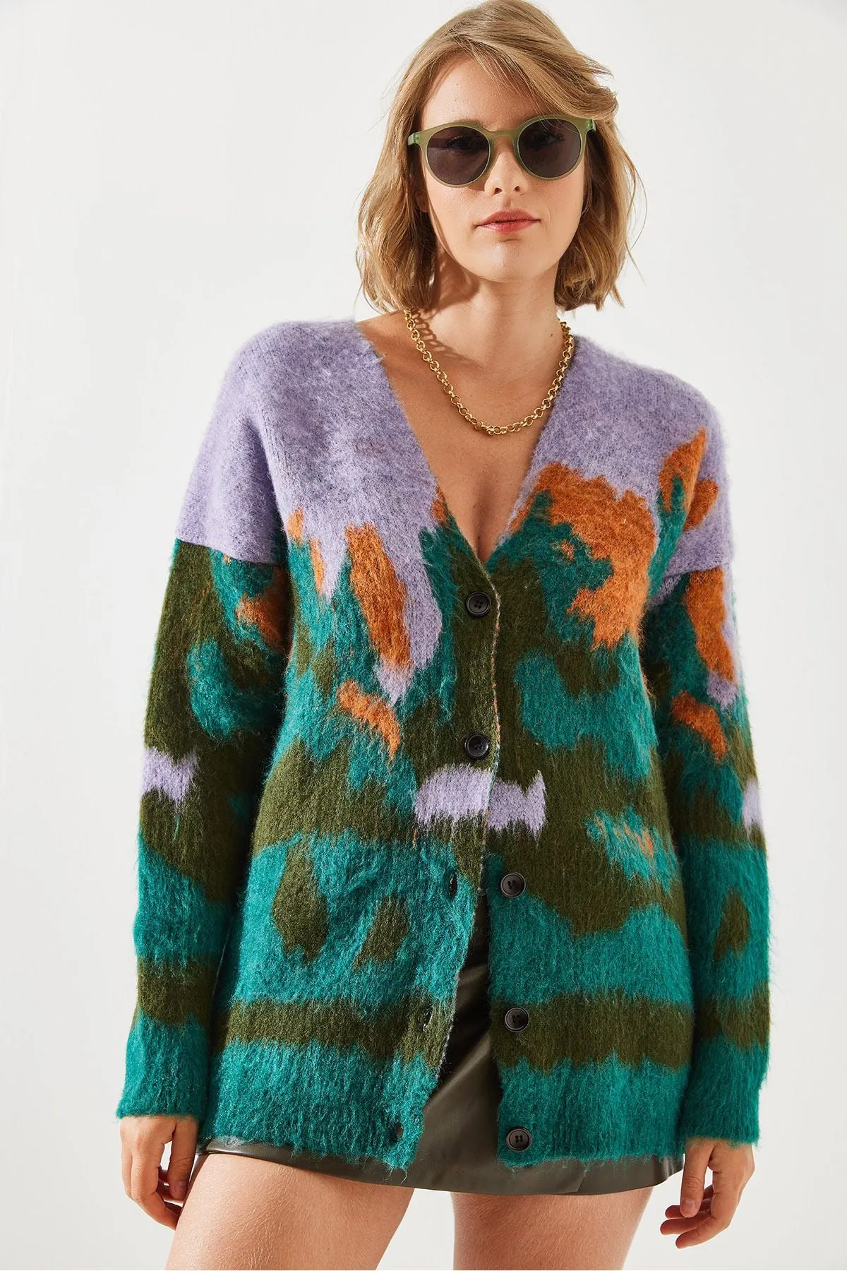 Cardigan with a female colored patterned