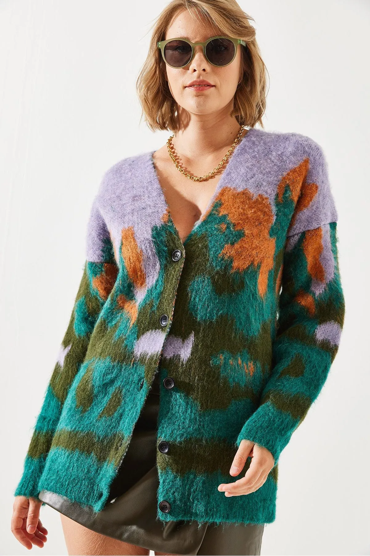 Cardigan with a female colored patterned