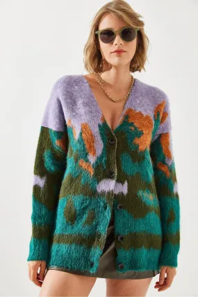 Cardigan with a female colored patterned