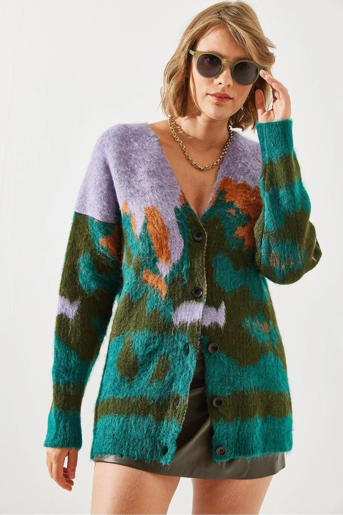 Cardigan with a female colored patterned