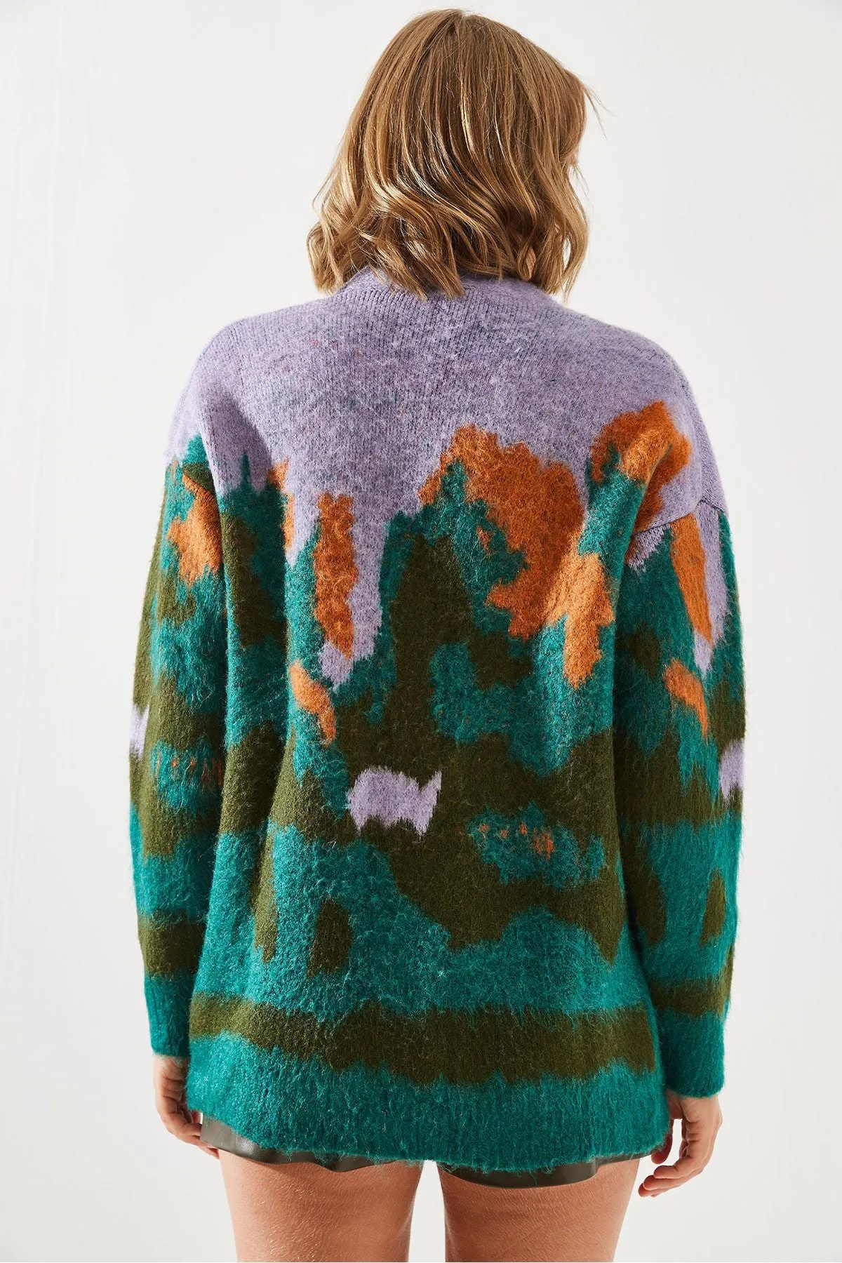 Cardigan with a female colored patterned