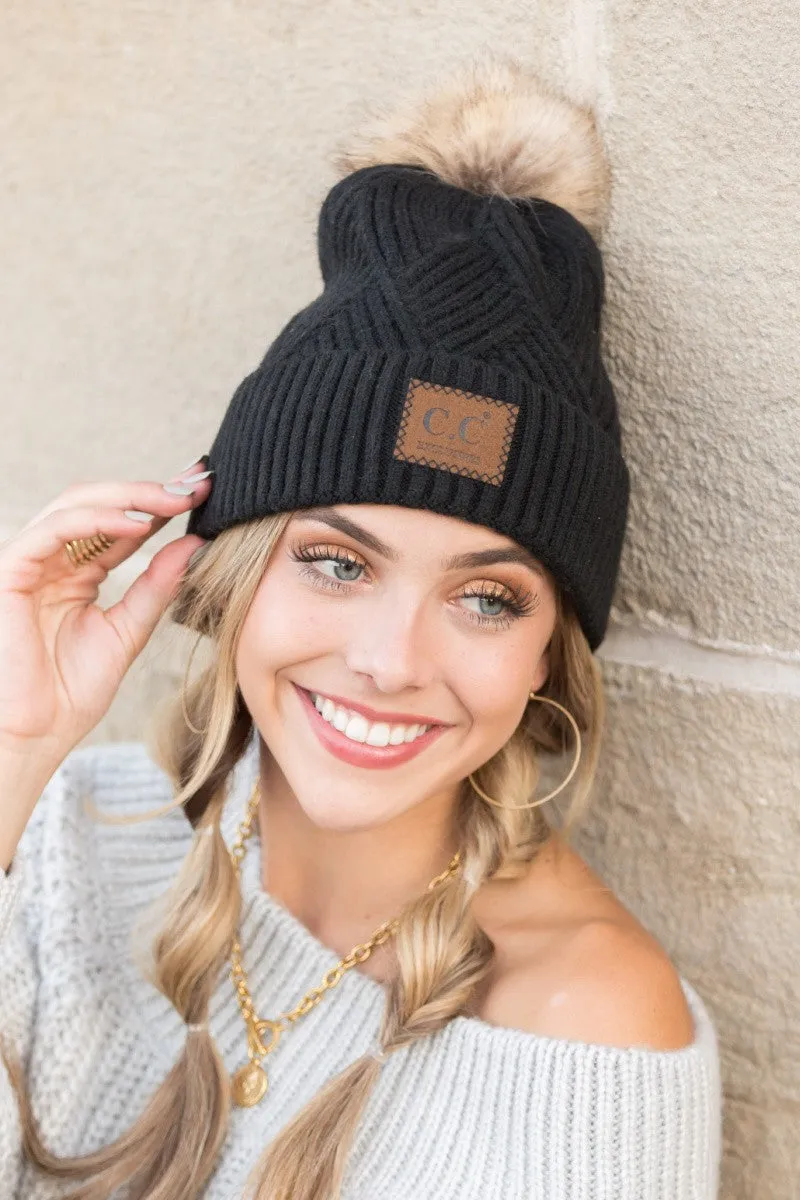 CC Luxe Criss Cross Pom Beanie Hat
