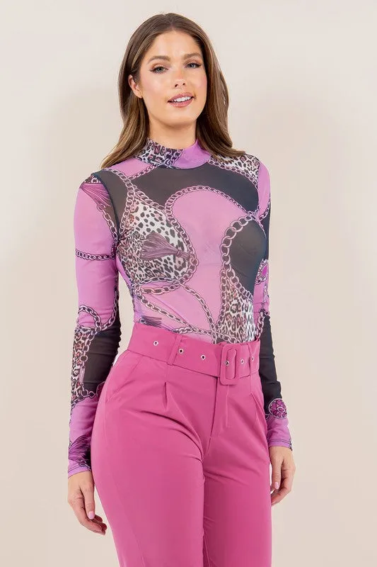 Chain With Animal Print Mock Neck Bodysuit