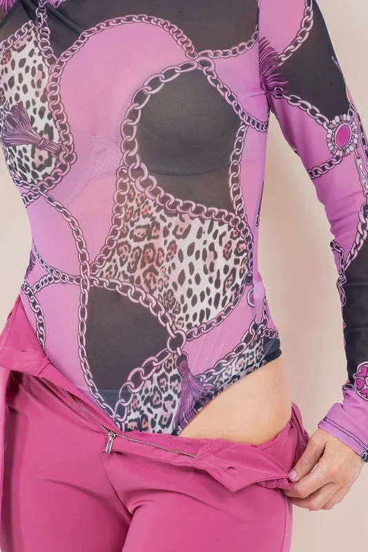Chain With Animal Print Mock Neck Bodysuit