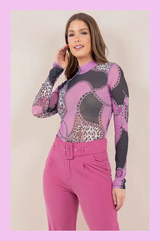 Chain With Animal Print Mock Neck Bodysuit