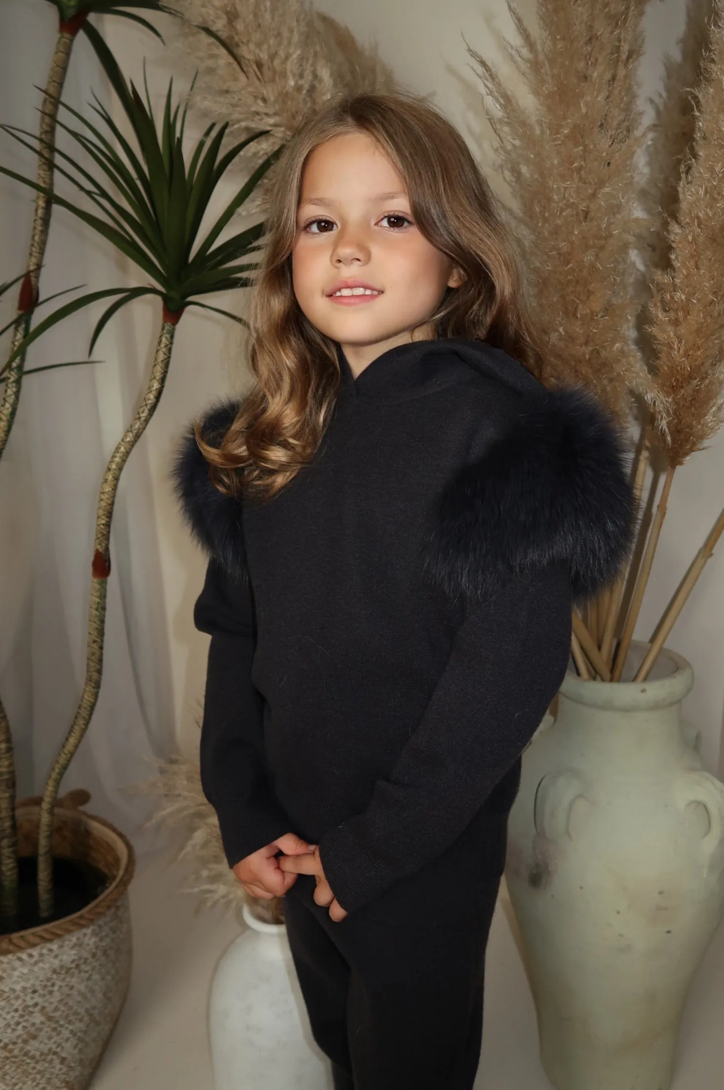 Childrens Charcoal Luxury Fur Trim Hood & Cuff Tracksuit