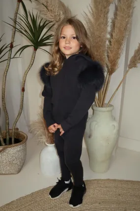 Childrens Charcoal Luxury Fur Trim Hood & Cuff Tracksuit