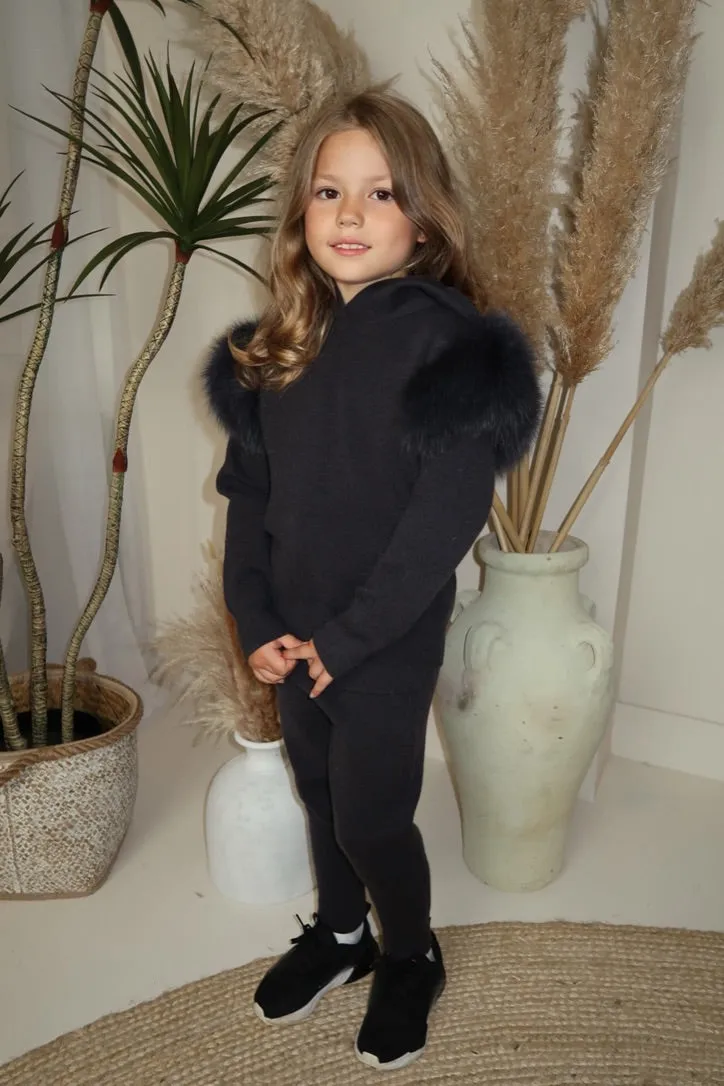 Childrens Charcoal Luxury Fur Trim Hood & Cuff Tracksuit