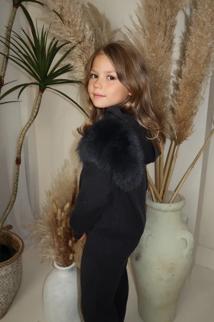 Childrens Charcoal Luxury Fur Trim Hood & Cuff Tracksuit