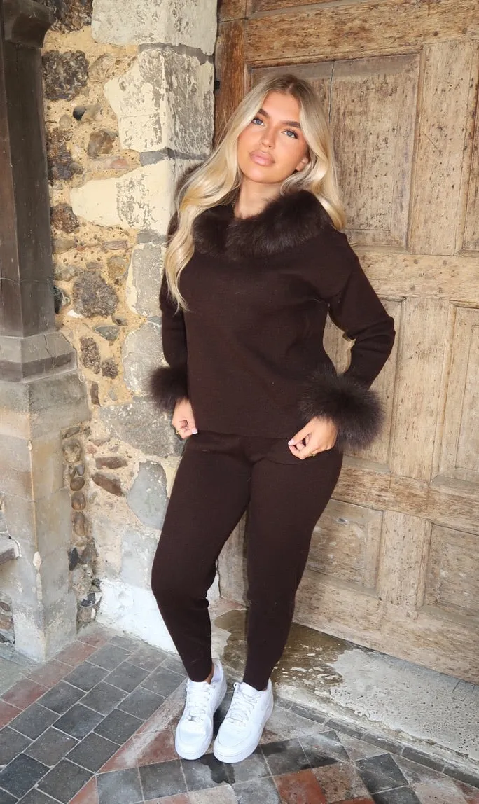 Chocolate Luxury Fur Trim Hood & Cuff Jogger Tracksuit