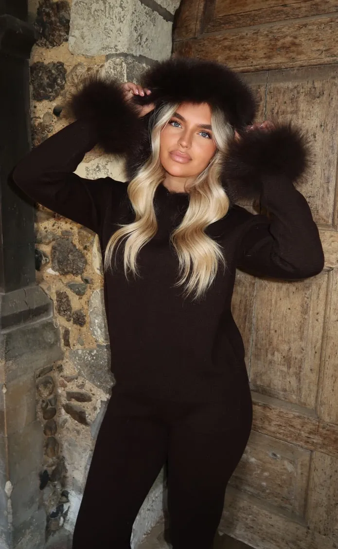 Chocolate Luxury Fur Trim Hood & Cuff Jogger Tracksuit