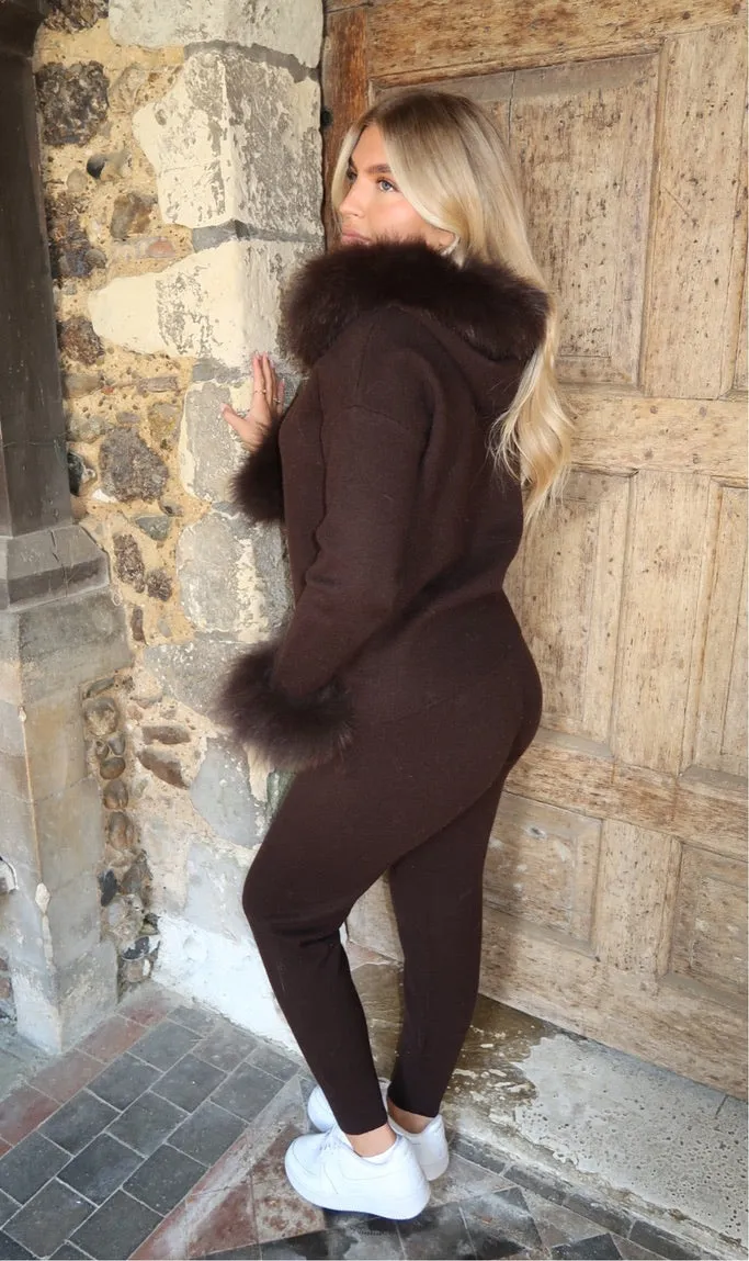 Chocolate Luxury Fur Trim Hood & Cuff Jogger Tracksuit