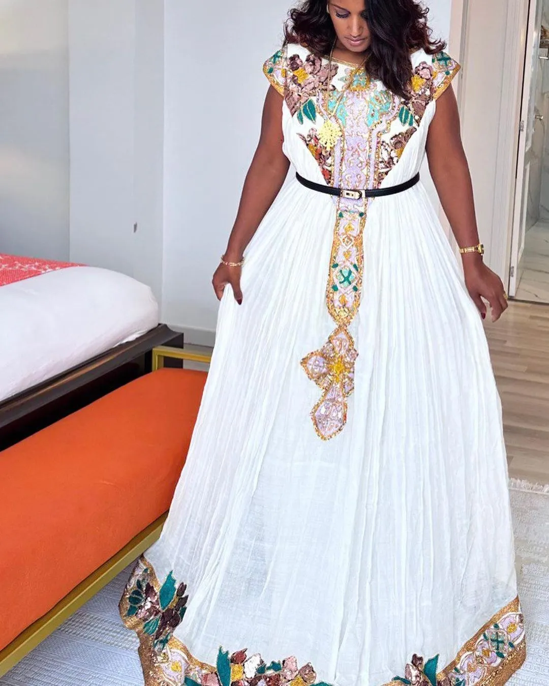 Classic Habesha Dress with Breathtaking Beadwork: Flowy Traditional Ethiopian Dress for Any Grand Events, Chic Habesha Kemis