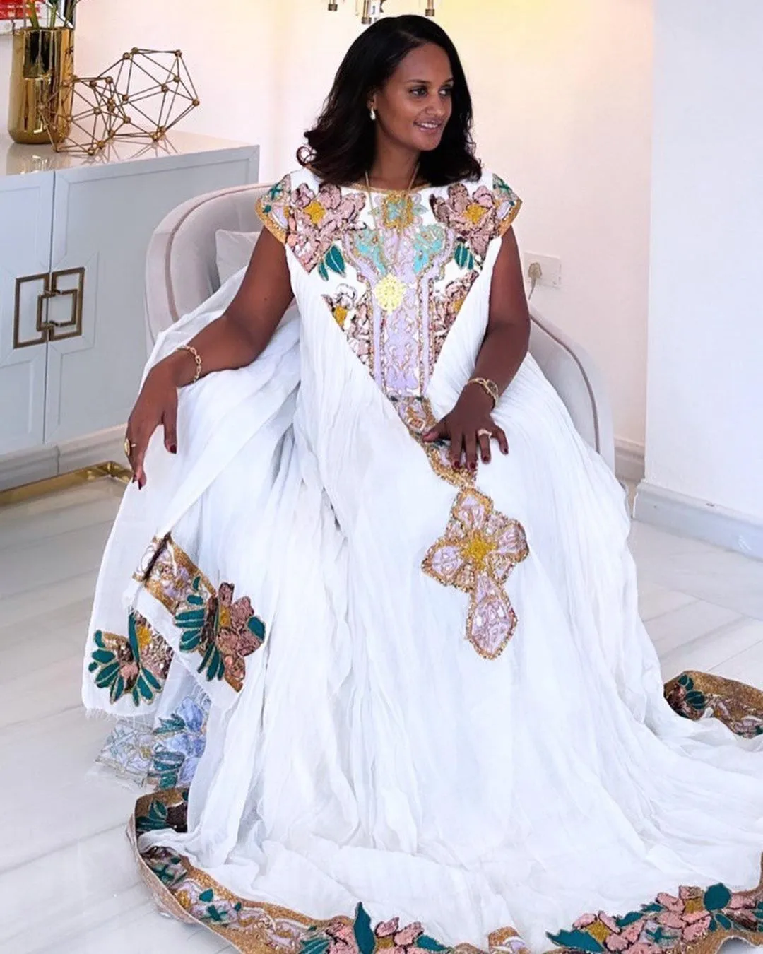 Classic Habesha Dress with Breathtaking Beadwork: Flowy Traditional Ethiopian Dress for Any Grand Events, Chic Habesha Kemis