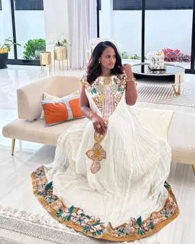 Classic Habesha Dress with Breathtaking Beadwork: Flowy Traditional Ethiopian Dress for Any Grand Events, Chic Habesha Kemis