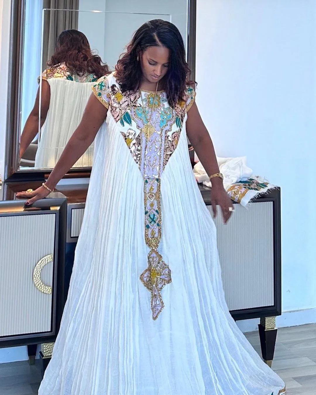 Classic Habesha Dress with Breathtaking Beadwork: Flowy Traditional Ethiopian Dress for Any Grand Events, Chic Habesha Kemis