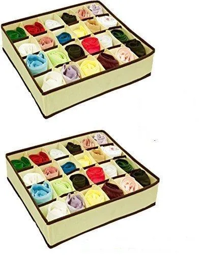 Closet Underwear Storage Organizer Box,for Socks Bra Ties Clothing Lingerie Underwear Drawer, 24 Divider Collapsible,Beige, Size: 12 ½'' x 12 ½''x 3 ½'',Set of 2
