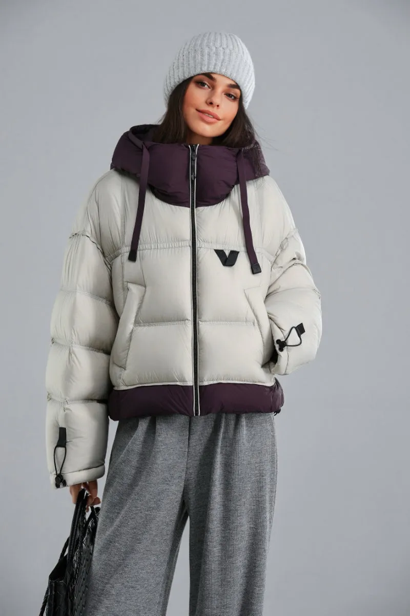 Colorblocked Hooded Down Cropped Puffer Jacket