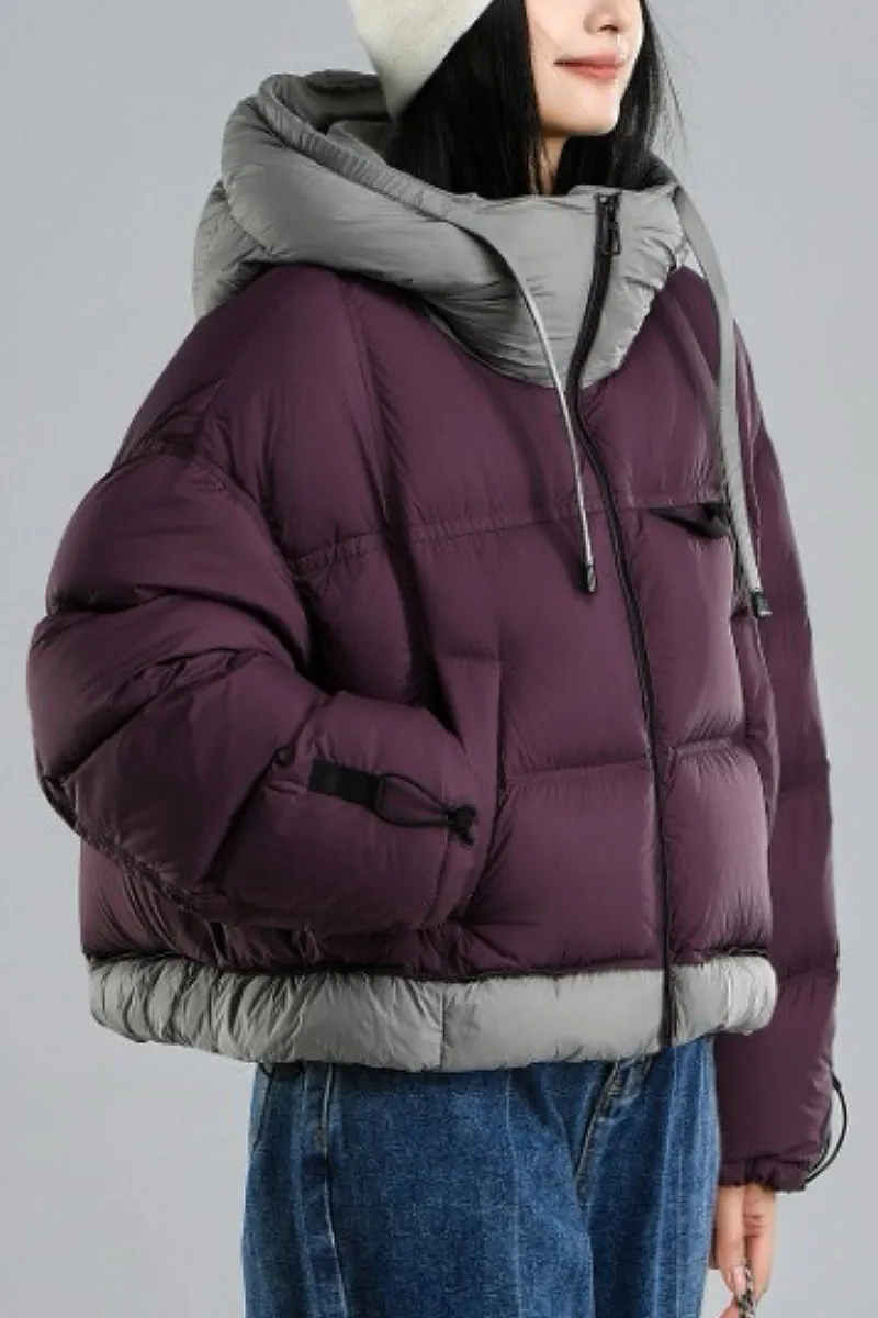 Colorblocked Hooded Down Cropped Puffer Jacket