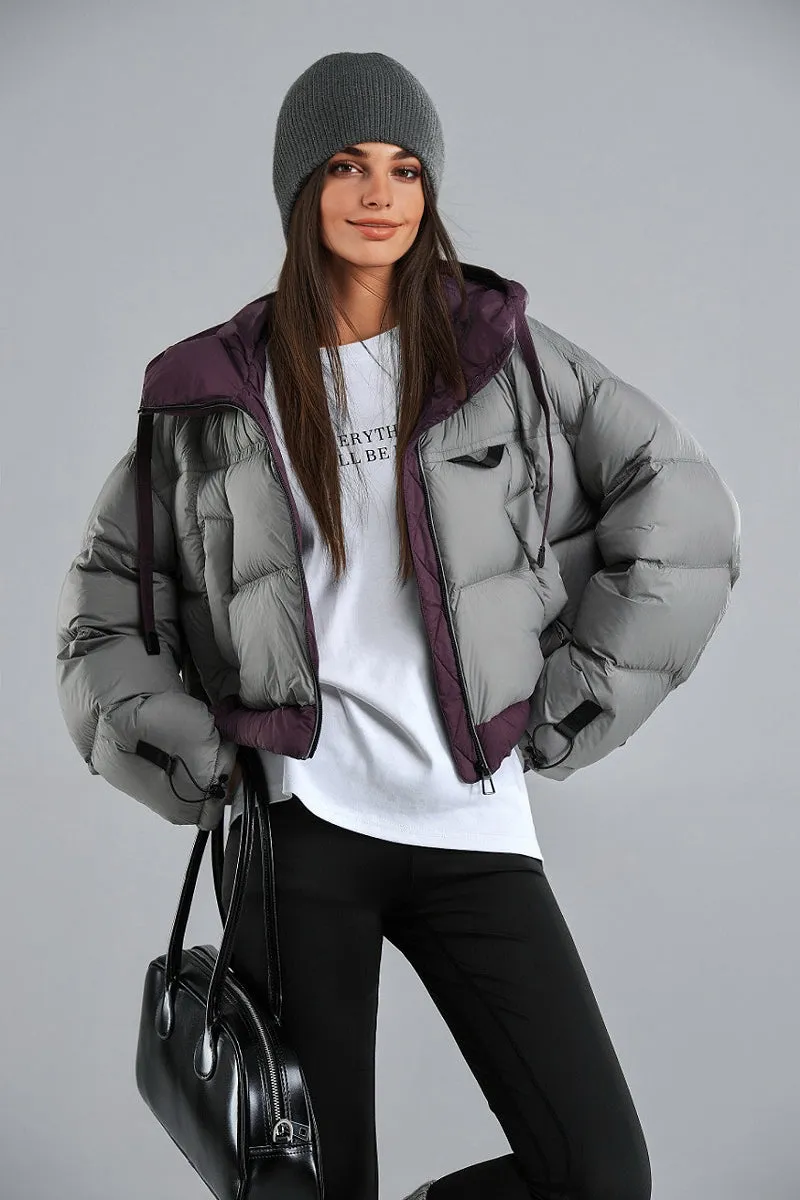 Colorblocked Hooded Down Cropped Puffer Jacket