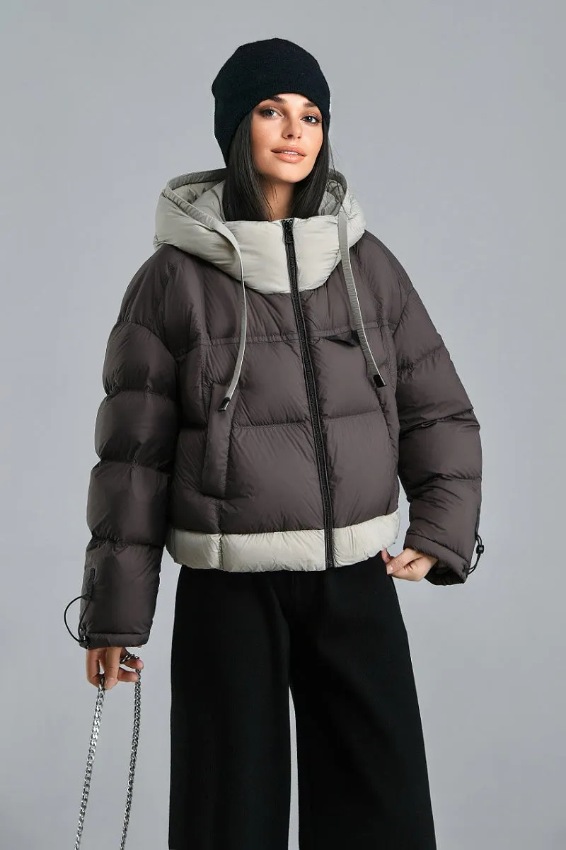 Colorblocked Hooded Down Cropped Puffer Jacket