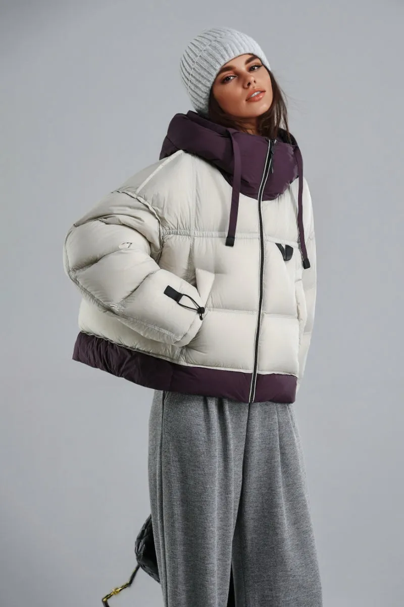 Colorblocked Hooded Down Cropped Puffer Jacket