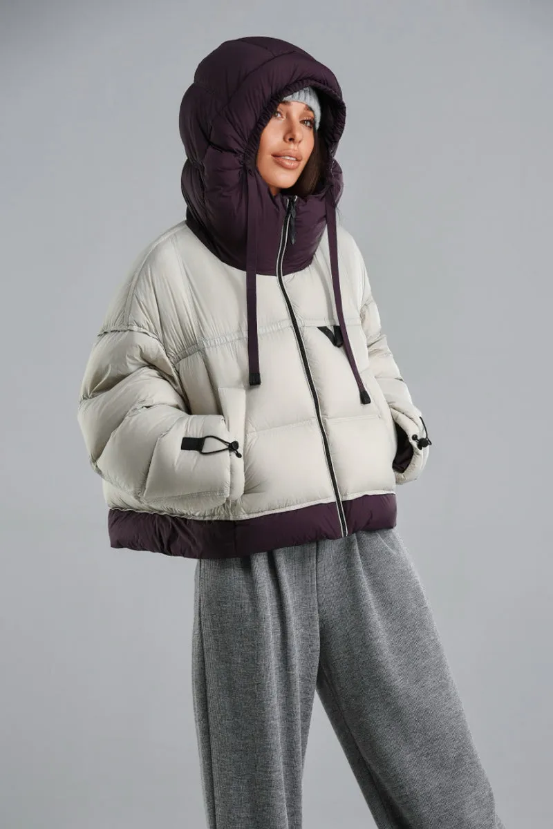 Colorblocked Hooded Down Cropped Puffer Jacket