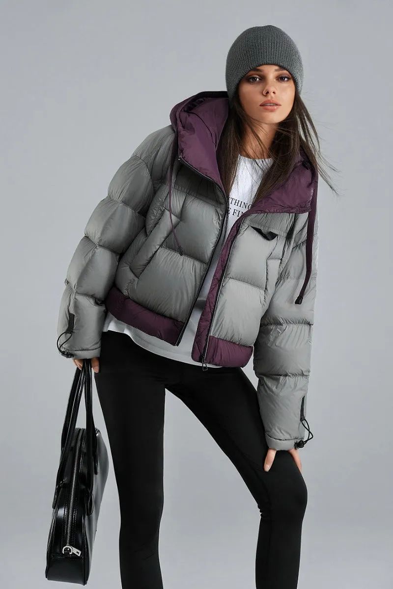 Colorblocked Hooded Down Cropped Puffer Jacket