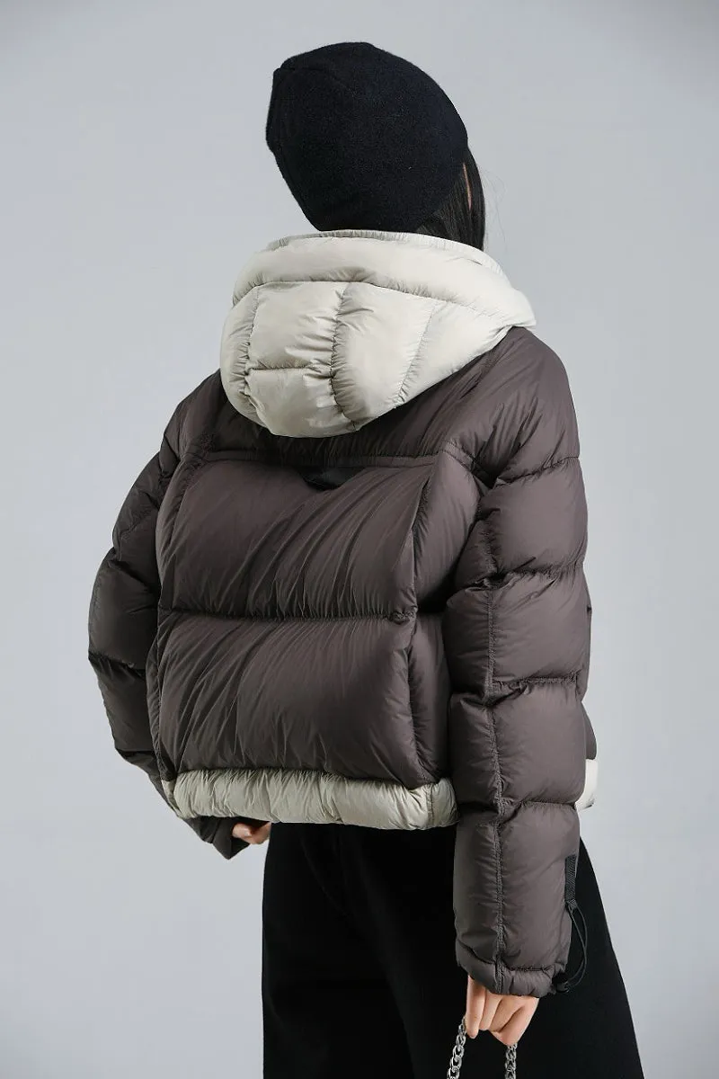 Colorblocked Hooded Down Cropped Puffer Jacket