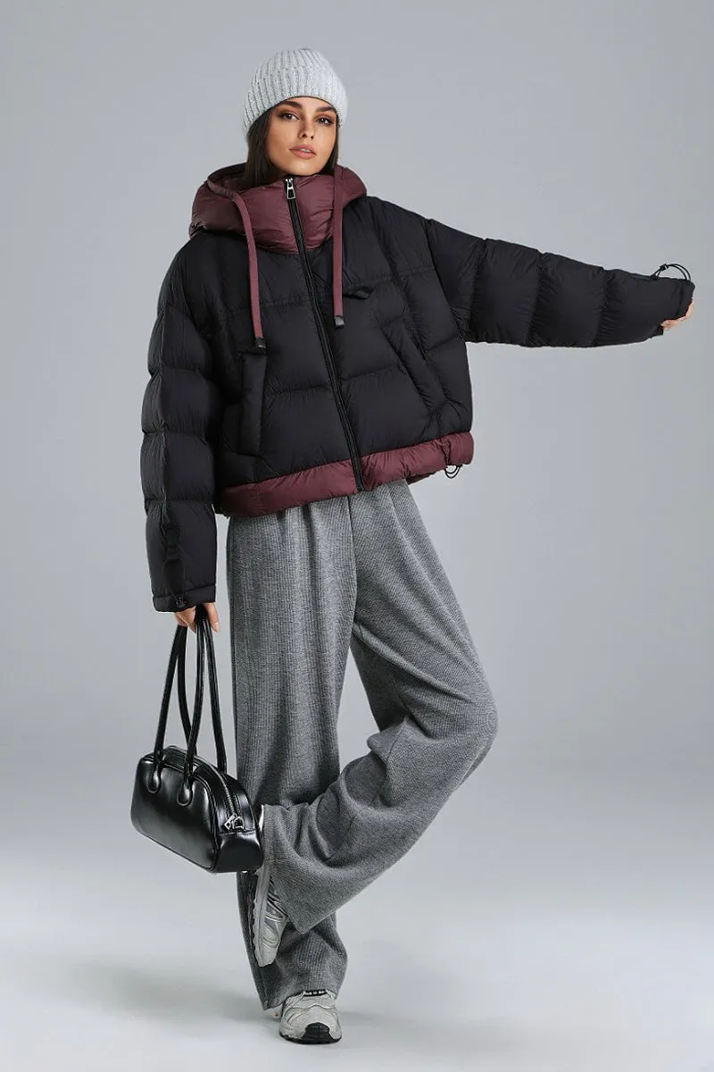 Colorblocked Hooded Down Cropped Puffer Jacket