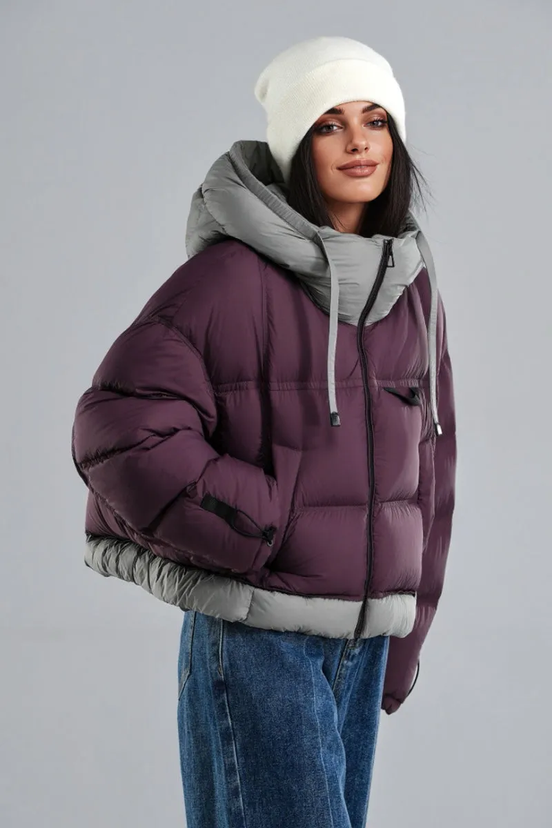 Colorblocked Hooded Down Cropped Puffer Jacket