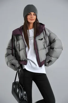Colorblocked Hooded Down Cropped Puffer Jacket