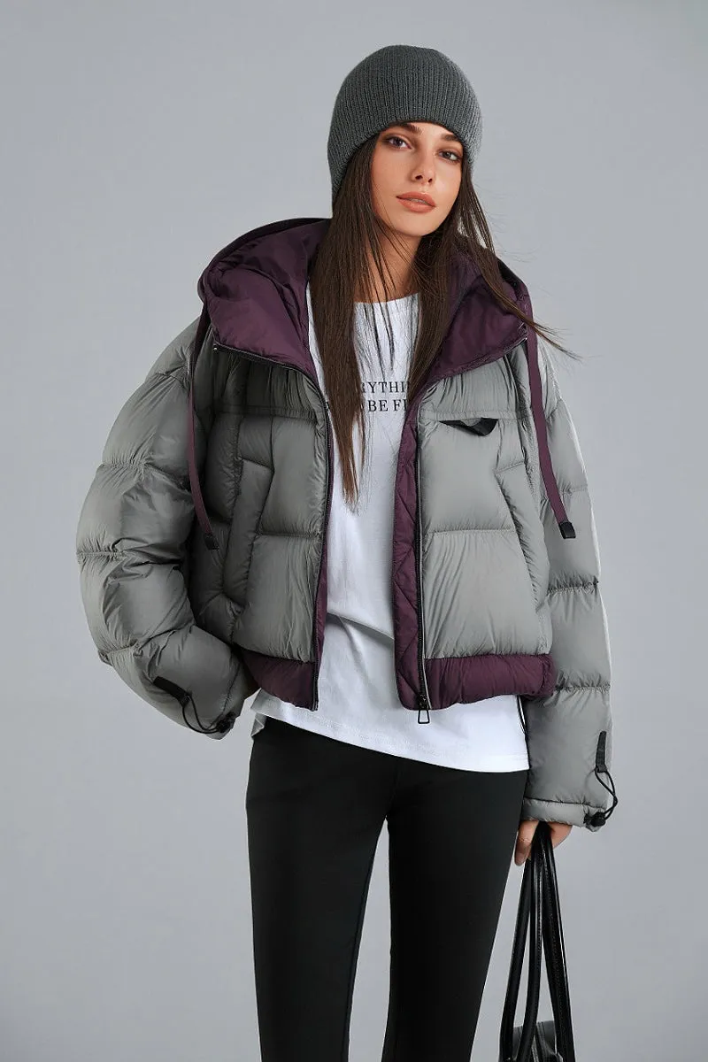 Colorblocked Hooded Down Cropped Puffer Jacket