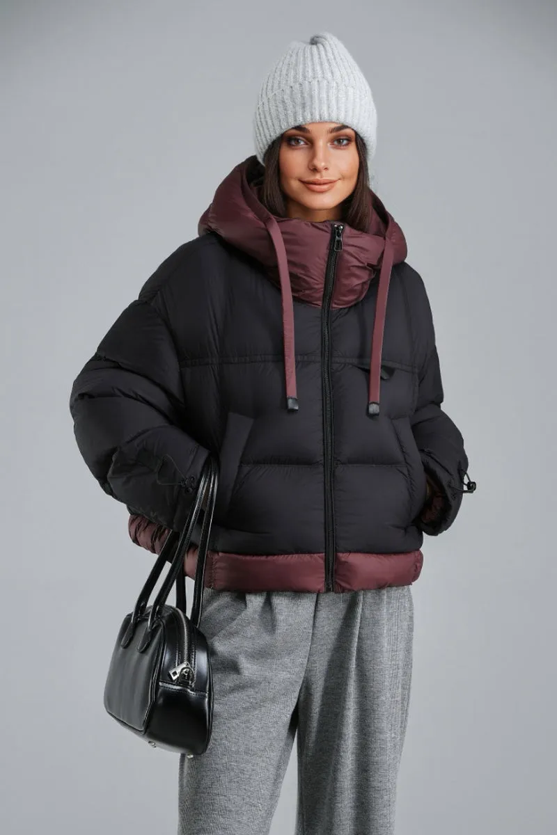Colorblocked Hooded Down Cropped Puffer Jacket