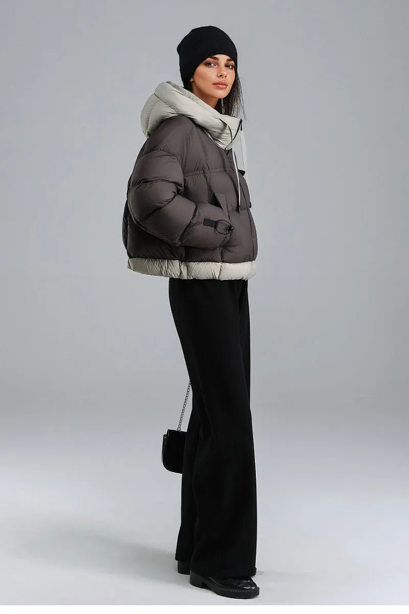 Colorblocked Hooded Down Cropped Puffer Jacket