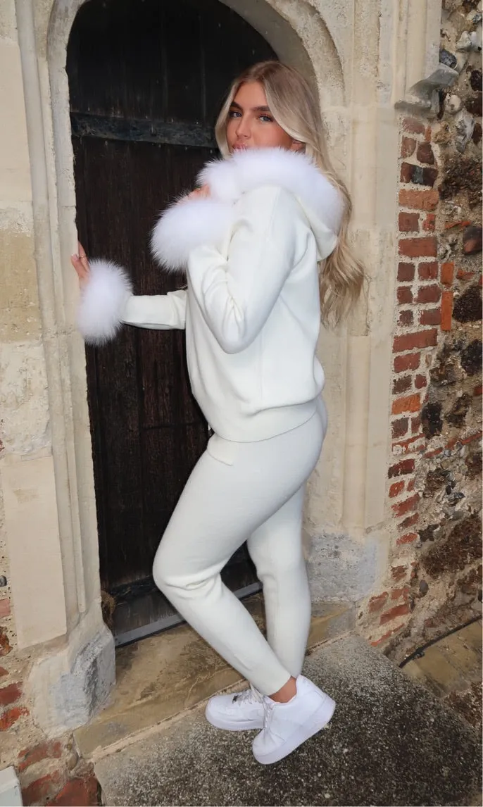 Cream Luxury Fur Trim Hood & Cuff Jogger Tracksuit