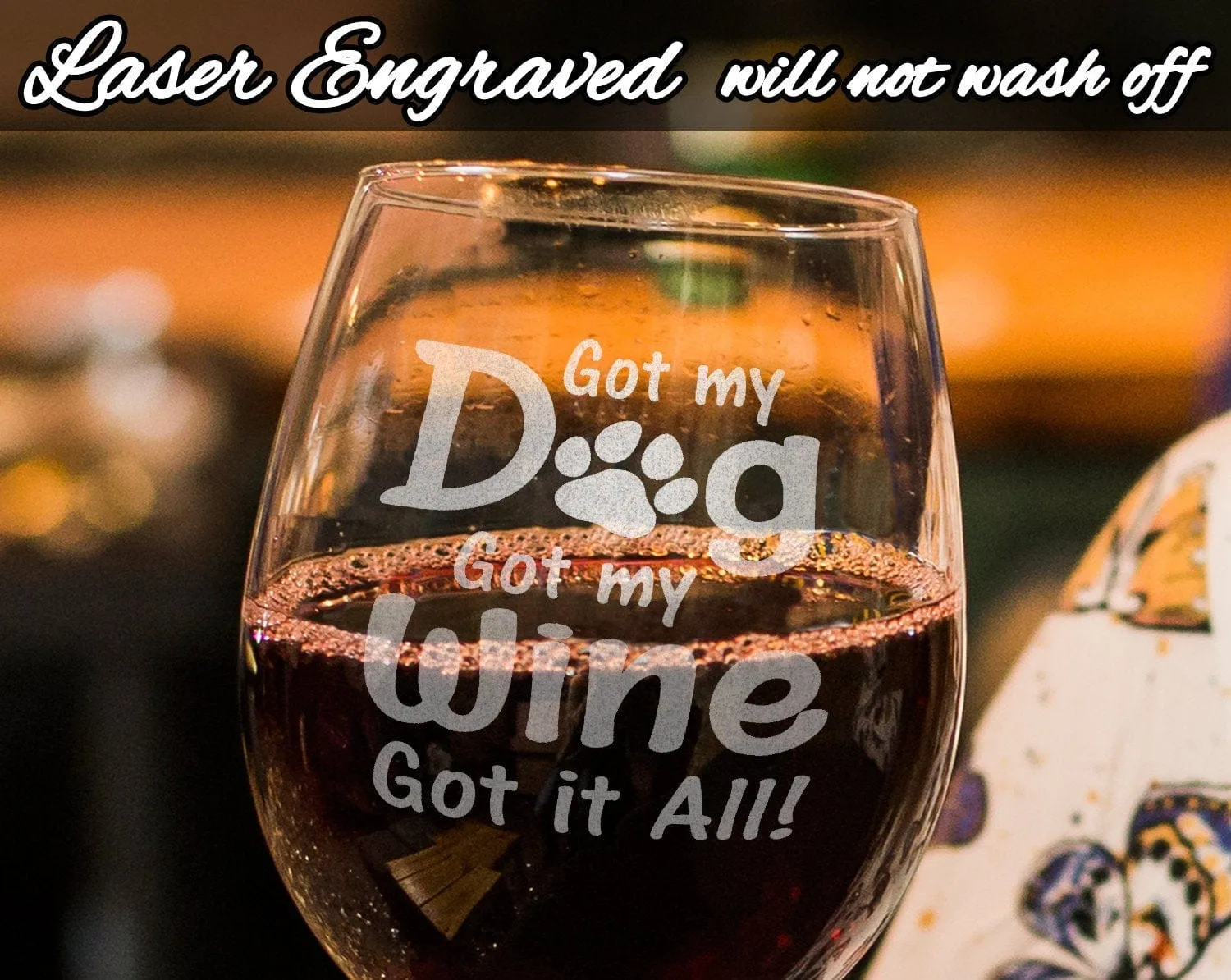 Custom Dog Mom New Christmas Puppy Gift Funny Dog Lover Stemless Wine Glass Laser Etched Glassware Got my Dog Got my Wine Rescue Adoption