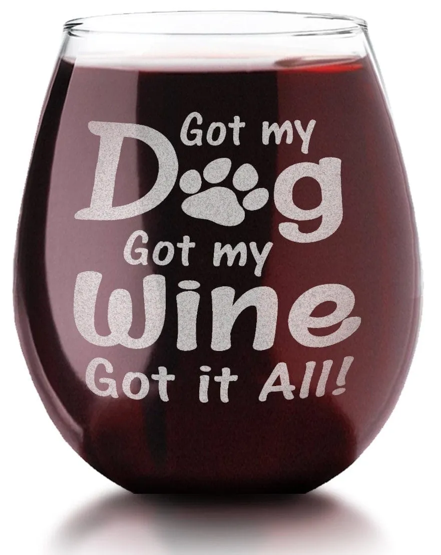 Custom Dog Mom New Christmas Puppy Gift Funny Dog Lover Stemless Wine Glass Laser Etched Glassware Got my Dog Got my Wine Rescue Adoption