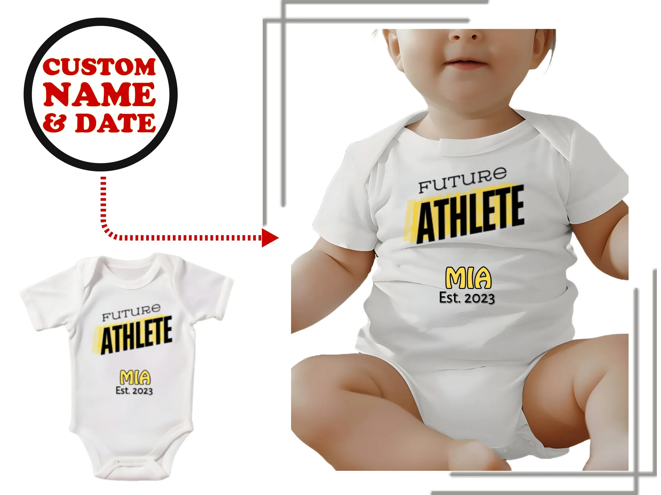 Custom Name & Date Short Sleeve Bodysuit For Baby Girls with Future Athlete Text