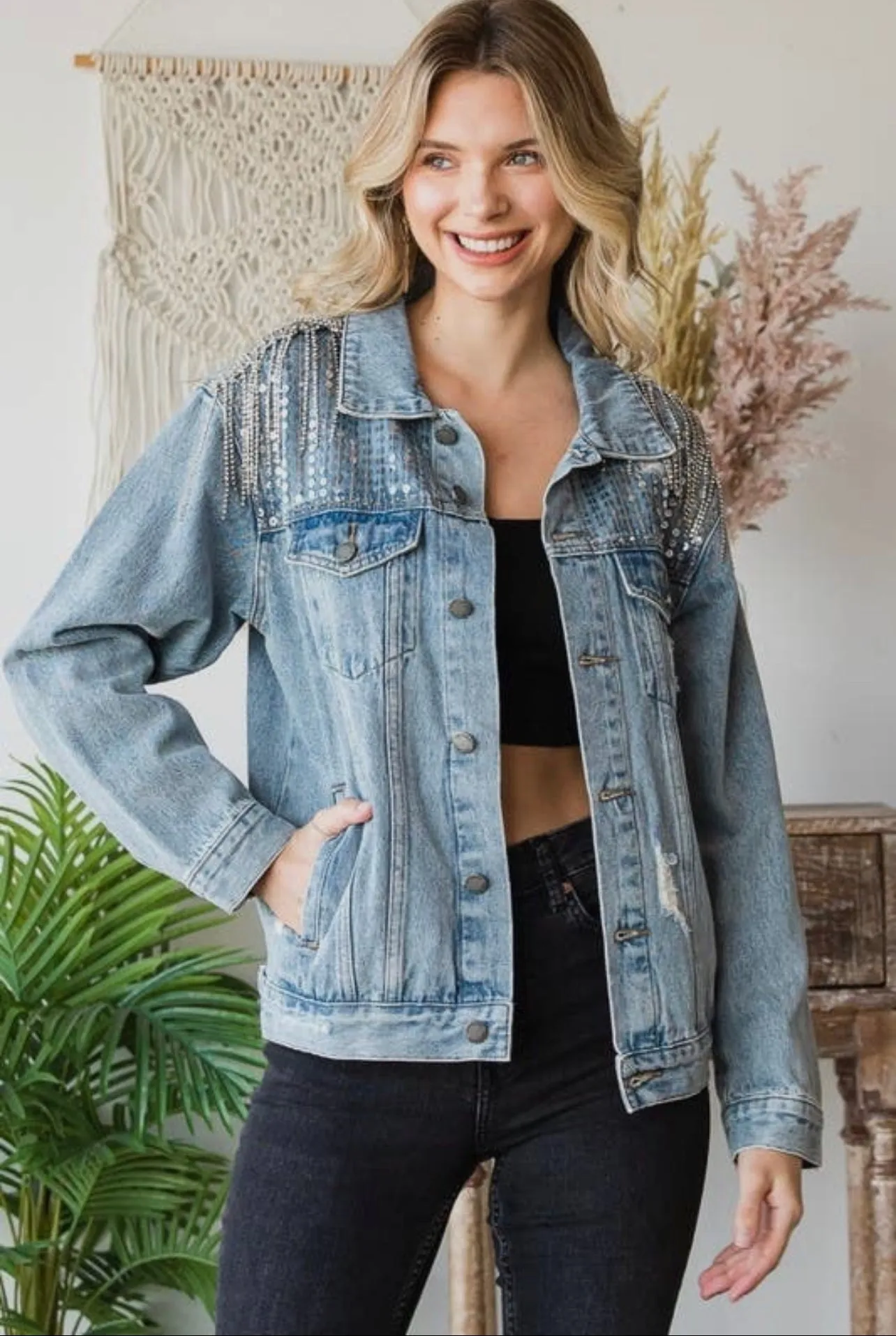 Dancing at Midnight Fringe Sequin Denim Jacket