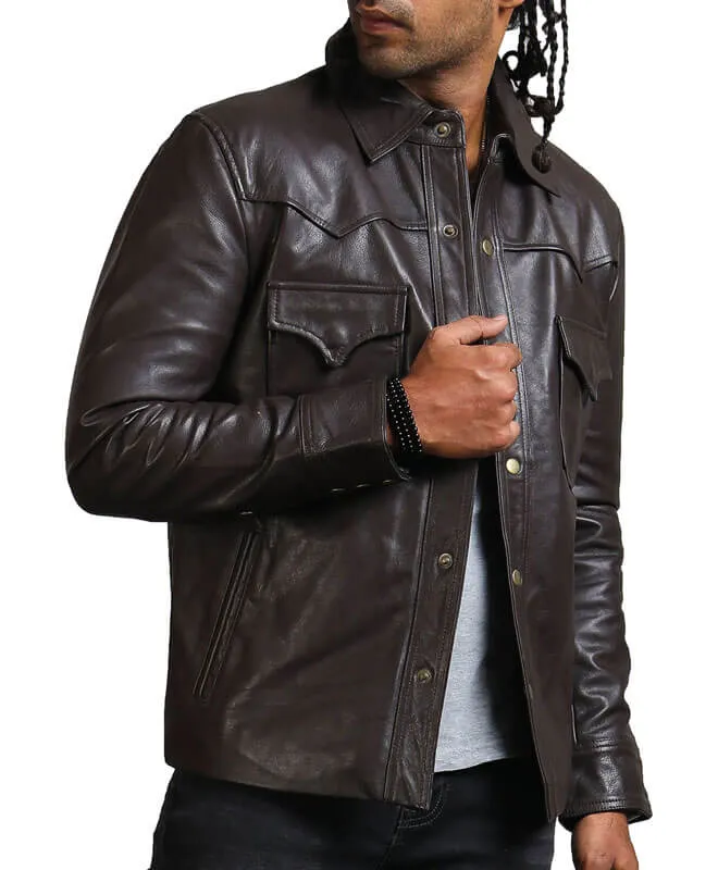 Dark Brown Trucker Leather Jacket