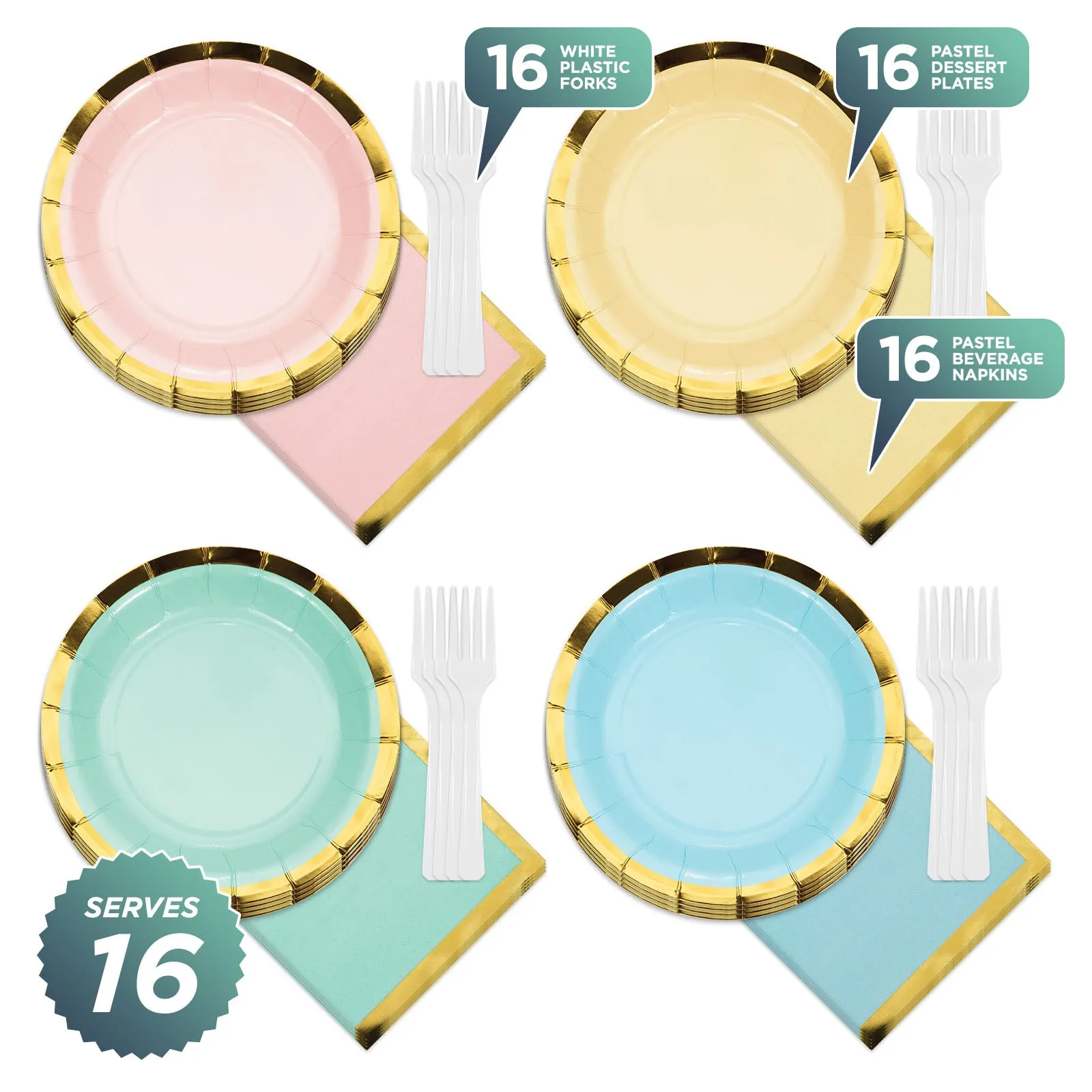 Deluxe Gold Trimmed Pastel Rainbow Scalloped Paper Dessert Plates, Beverage Napkins, and Forks (Serves 16)