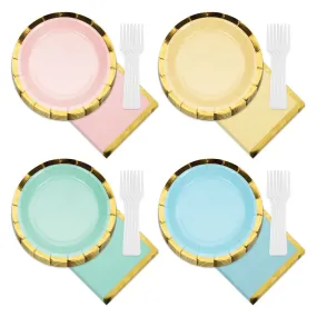 Deluxe Gold Trimmed Pastel Rainbow Scalloped Paper Dessert Plates, Beverage Napkins, and Forks (Serves 16)