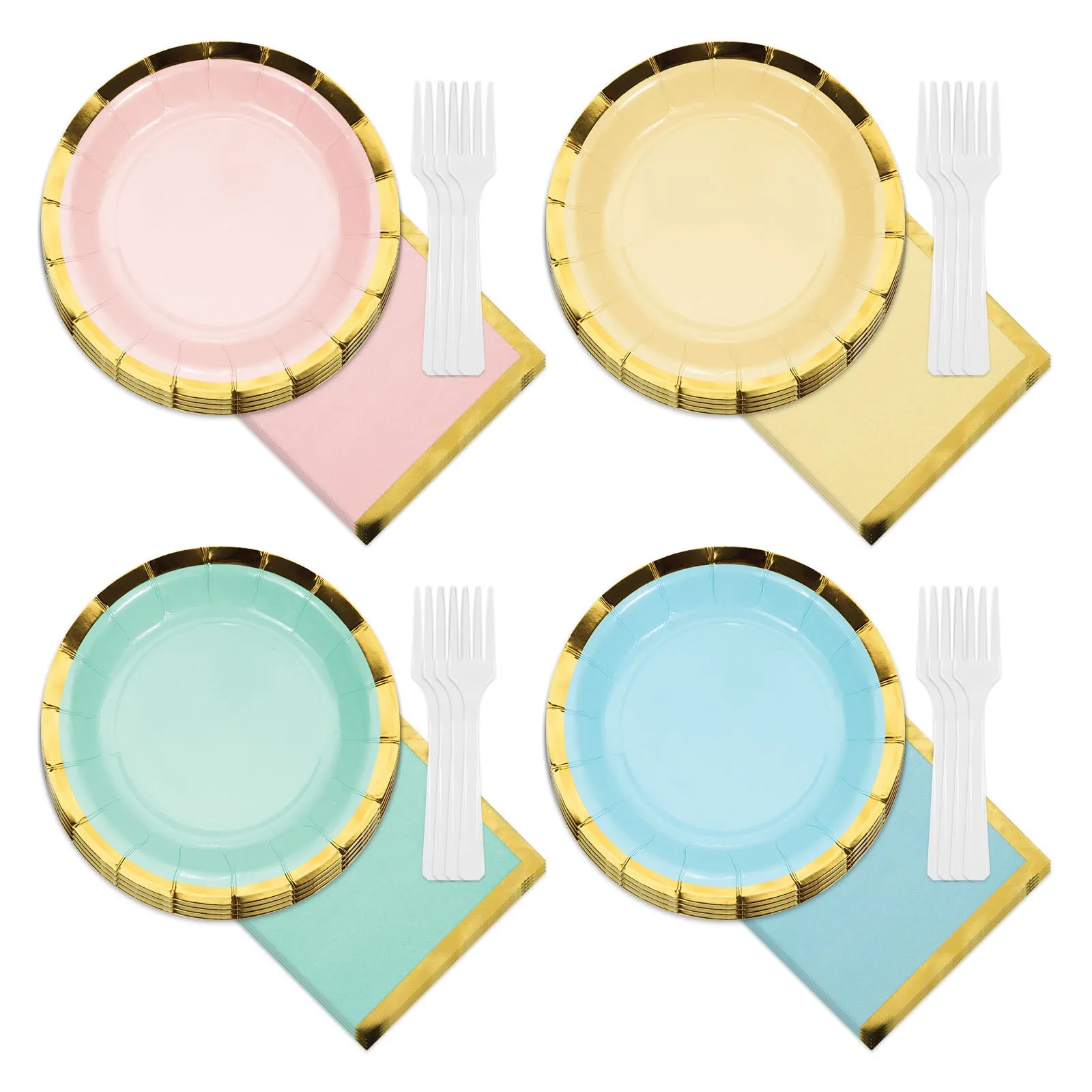 Deluxe Gold Trimmed Pastel Rainbow Scalloped Paper Dessert Plates, Beverage Napkins, and Forks (Serves 16)
