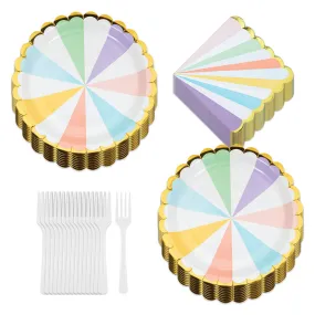 Deluxe Gold Trimmed Pastel Rainbow Scalloped Paper Dinner Plates, Luncheon Napkins, and Forks (Serves 16)