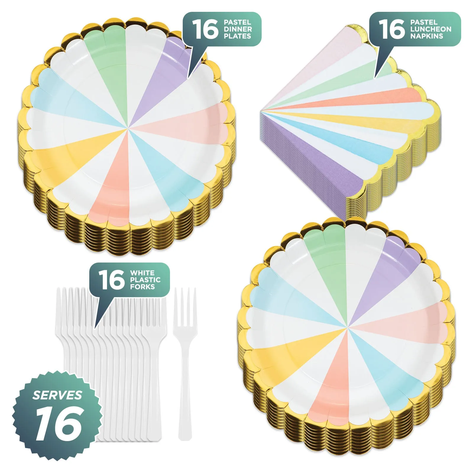 Deluxe Gold Trimmed Pastel Rainbow Scalloped Paper Dinner Plates, Luncheon Napkins, and Forks (Serves 16)