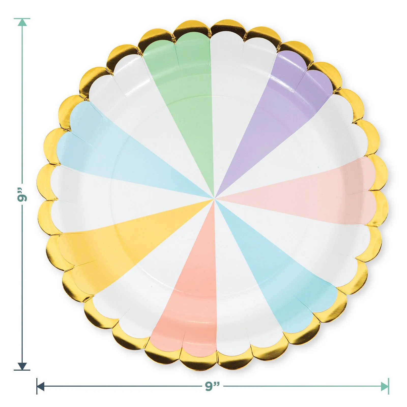 Deluxe Gold Trimmed Pastel Rainbow Scalloped Paper Dinner Plates, Luncheon Napkins, and Forks (Serves 16)